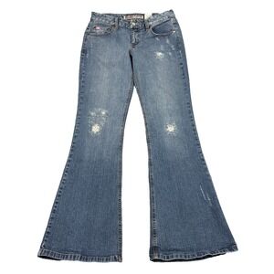 Mudd Womens Size 7 Flare Jeans Y2K Low Rise Distressed Embroidered Bootcut Denim